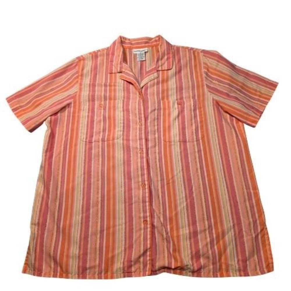 Alfred Dunner Womens Coral Pink Striped Short Sleeve Button Down Shirt Size 12